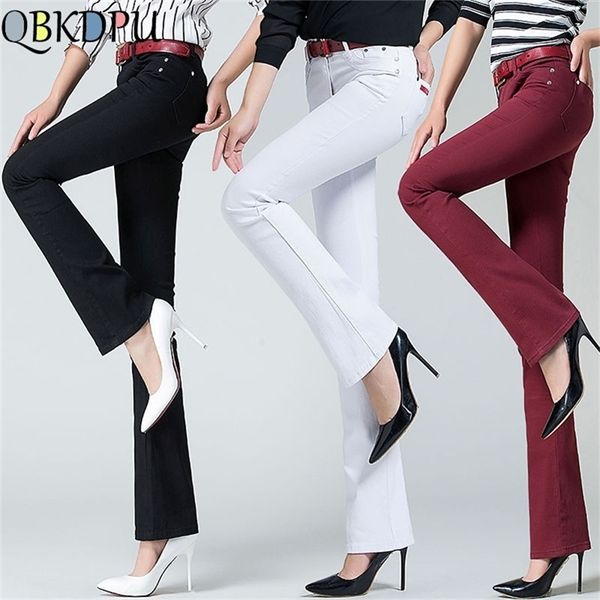 

women high waist slim elastic flare jeans korean skinny workwear ladies bell bottom trousers mom's plus size denim pants 201223, Blue