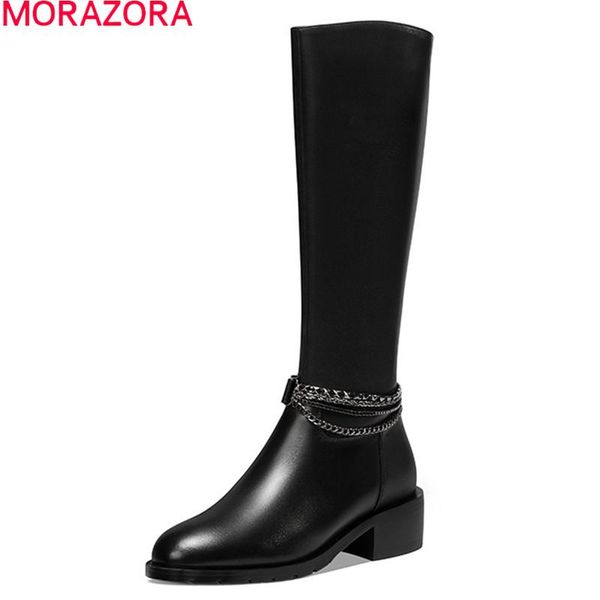 

morazora 2021 genuine leather boots med heels round toe autumn winter women boots fashion black color knee high