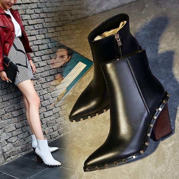 

women boots natural leather upper ankle boots for women black white colors women's shoes cyberstar classic metal rivets