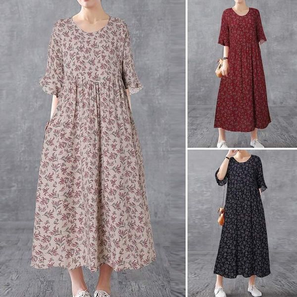

zanzea women mid-calf floral print dress 2021 flare sleeve vestidos autumn ladies retro sundress casual robe femme plus size 5xl, Black;gray
