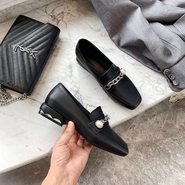 

genuine female 2021 pumps 22-25cm simple korean commute in and out of metal chain + pearl women's full shoes qz3s, Black