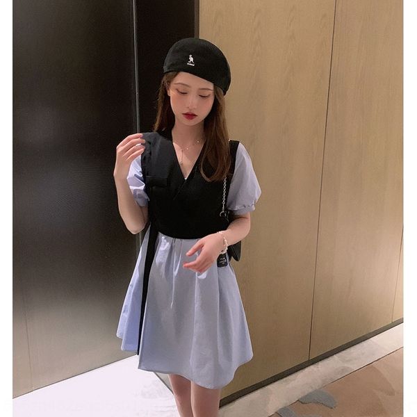 

zqey8 internet 2020 celebrity fake new dress v-neck bubble sleeve waist slimming summer short stitching two-piece sleeve dress mlzsj, Black;gray