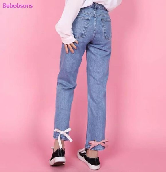 

women's jeans korean women casual denim harem pant bow lace up back full length pants high waist female 2021 autumn jean, Blue