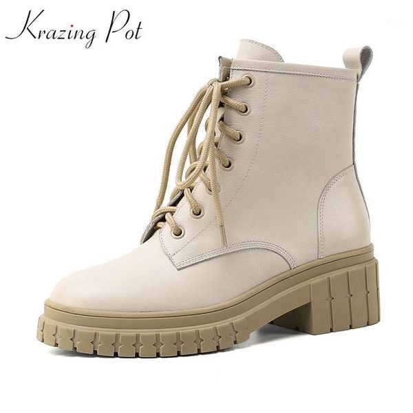 

boots krazing pot genuine leather lace up elegant round toe western winter keep warm thick high heels leisure ankle l011, Black