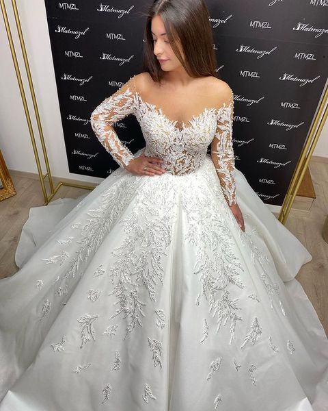 

2022 plus size arabic aso ebi luxurious lace beaded wedding dress long sleeves sheer neck bridal gowns dresses zj520, White