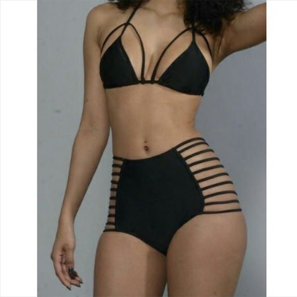 

women's high waist split multi rope swimsuit black bikini, White;black
