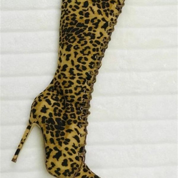 

12cm steel gold heels thigh high boots women custom wide fit leg lace up boots y200723, Black