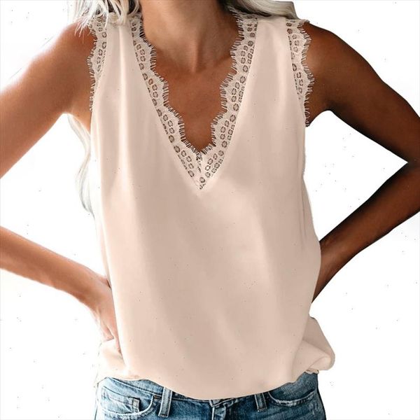 

women fashion casual all match solid color sleeveless v neck lace decoration tanks t shirt drop shipping good quality, White