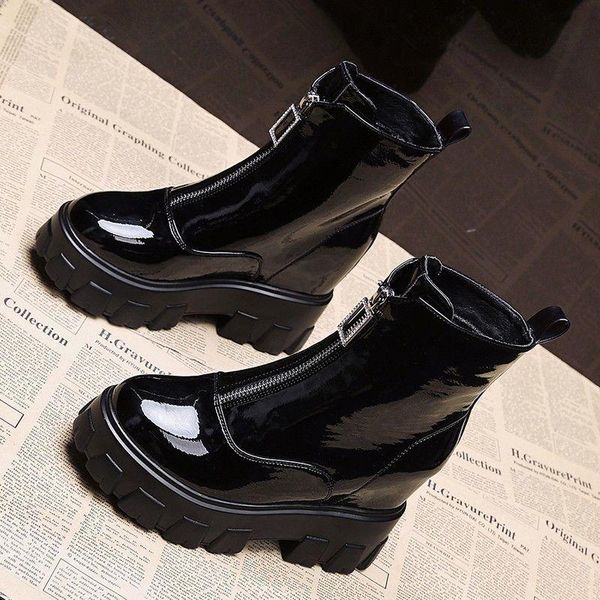 

patent leather martin boots 2020 autumn winter front zipper short boots thick-soled inner increase women's shoes motorcycle boot, Black