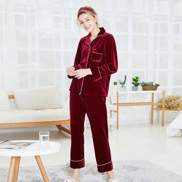 

2021 new autumn winter golden velvet pyjamas for women thick solid female sleepwear plus size down collar single breasted m963, Black;red