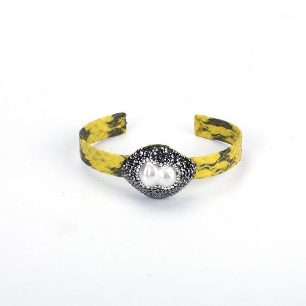

natural rough big freshwater pearl charm pave rhinestone spots yellow real snake leather wrap wide open bangle cuff for women1, Black