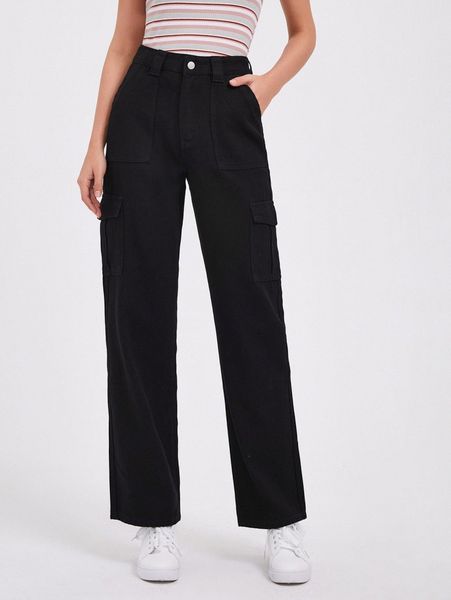 

zipper fly flap pocket wide leg jeans l7dx#, Blue