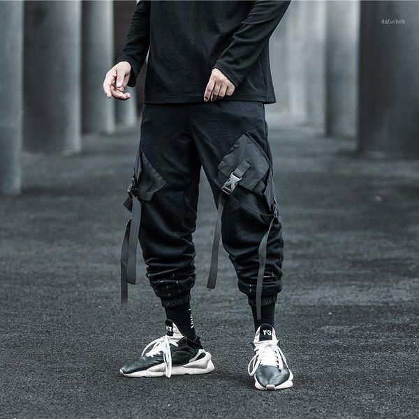 

ribbons hip hop men pocket track techwear cargo pants male trousers streetwear casual autumn bottoms tactical sport sweatpants1, Black