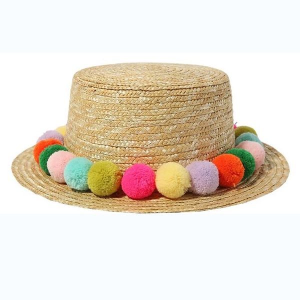 

wide brim hats 2021 seven rainbow colored plush ball fashion women's sun hawaiian vacation leisure sentiment lovely fresh straw hat, Blue;gray