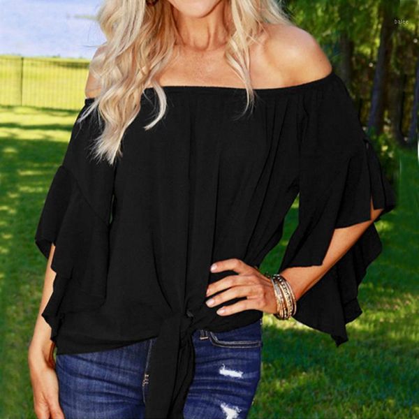

womens shoulder shirts 2020 summer new short sleeve tie knot blouses streetwear fashion casual white black tee s-2xl1