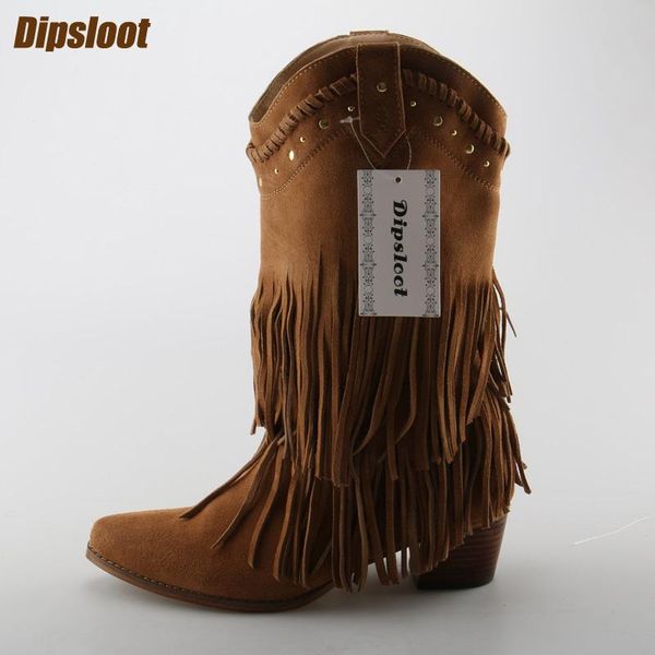 

boots camel suede leather women slip on fringe pointy toe cowboy style ladies western med heel rivet boot, Black