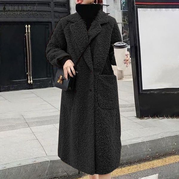 

2021 winter zanzea blend wool coats elegant office ladies solid outwear oversize 5xl female double breasted lapel pockets trench, Tan;black