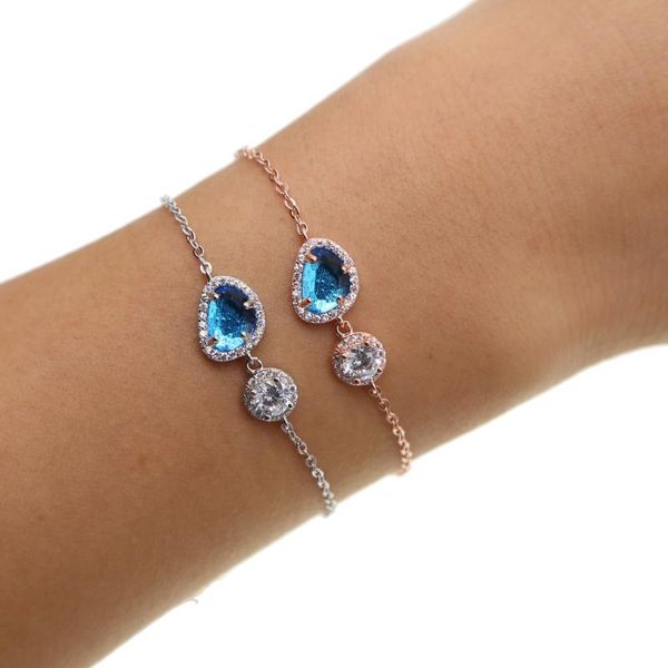 

charm bracelets 2021 elegant shiny blue/white cubic zirconia bracelet for women girls oval shaped korean link chain party jewelry, Golden;silver