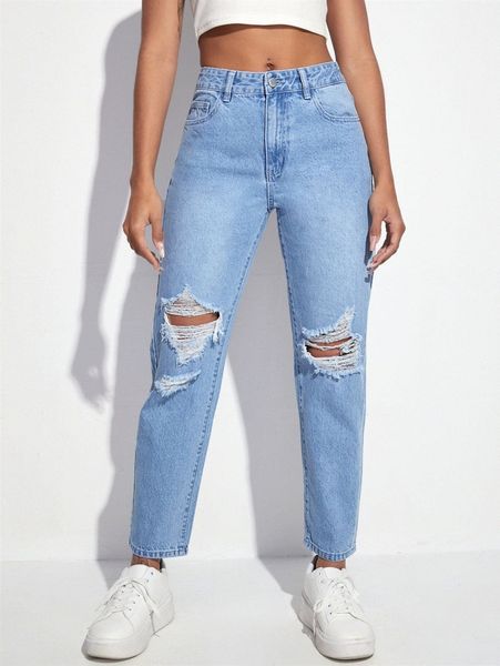 

ripped straight leg jeans k22s#, Blue