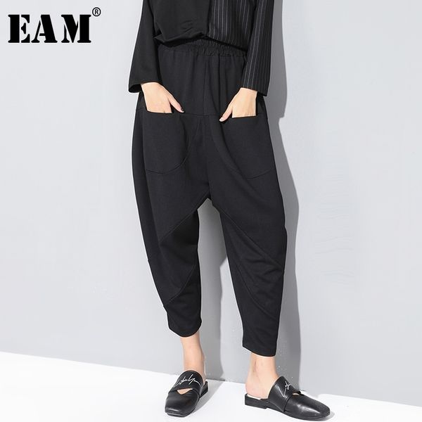 

[eam] new spring autumn high elastic waist loose black pocket split joint loose harem pants women trousers fashion jx5070 201111, Black;white