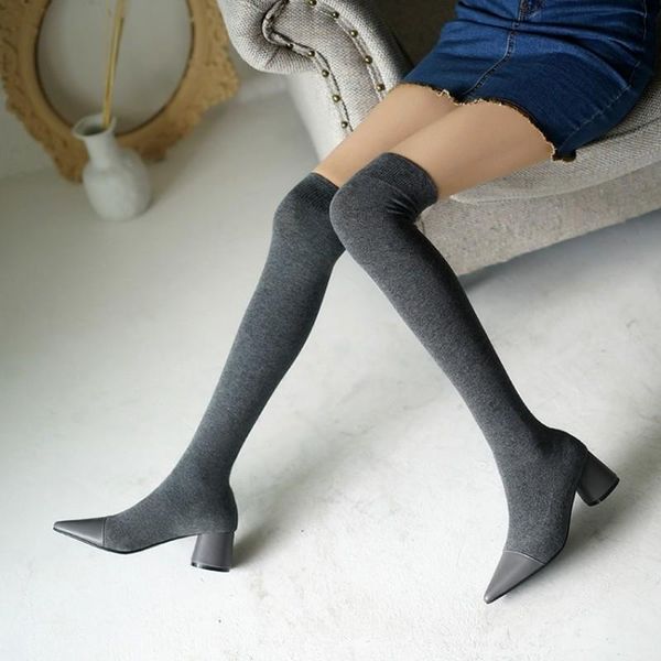 

stretch fabric high heel women shoes 2021 pointed toe over the knee women boots autumn winter fashion boots size 34-43, Black
