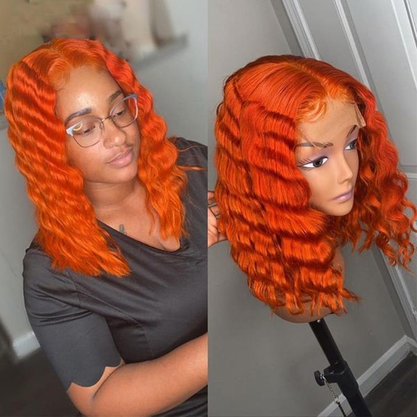 

lace wigs deep wave bob wig front human hair orange colored bleached knots, Black;brown