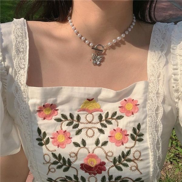 

kpop vintage aesthetic exquisite pearl rhinestones choker butterfly titanium steel necklace for women egirl party jewelry gifts, Silver