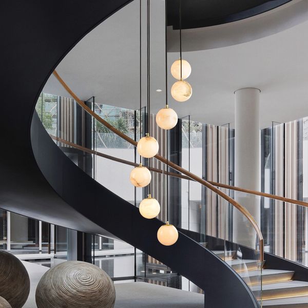 

2021 duplex stair light marble long chandelier new chinese simple rotating staircase light nordic living room light federal express