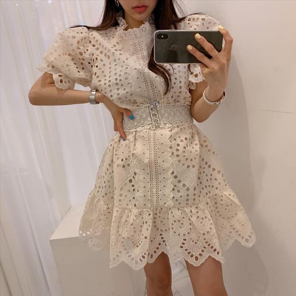 

summer runway embroidery hollow out lace dress women short puff sleeve loose ball gown dress girls sweet mini with belt, Black;gray