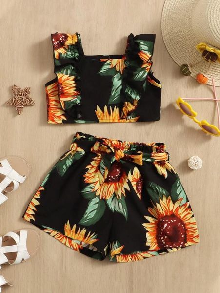 

baby floral print ruffle trim & paperbag waist belted shorts she, White