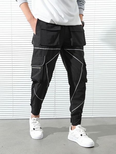 

men contrast tape utility pocket drawstring waist joggers i1jf#, Black