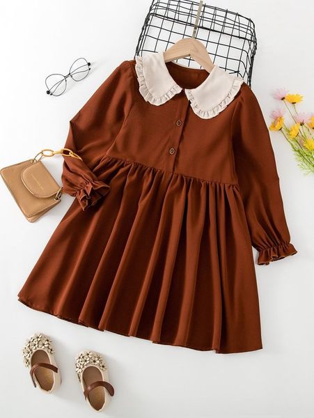 

girls contrast statement collar flounce sleeve dress she, Red;yellow