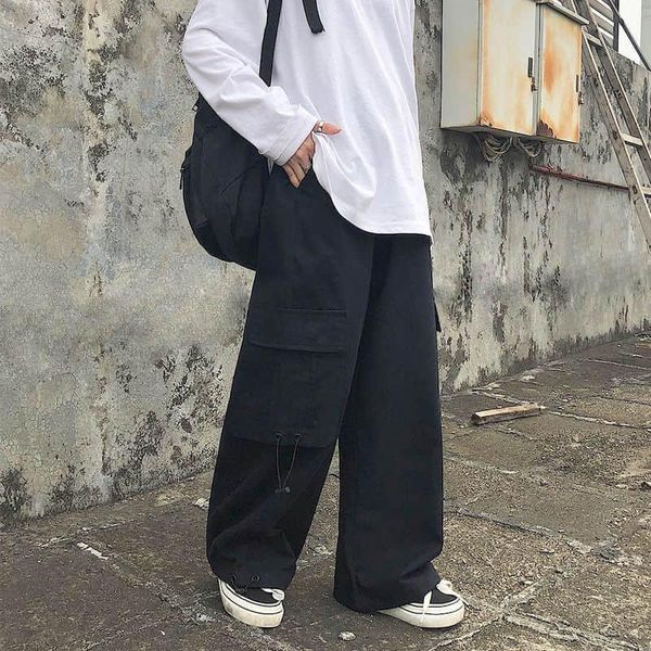 

harajuku cargo pants men's overalls vintage casual streetwears straight pants spring autumn wide leg loose clothing, Black