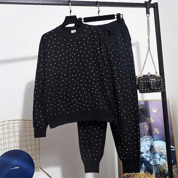 

2020 spring new two piece set women korean fashion rhinestone long sleeve knitted sweater + pants set ladies tracksuits d36301, White