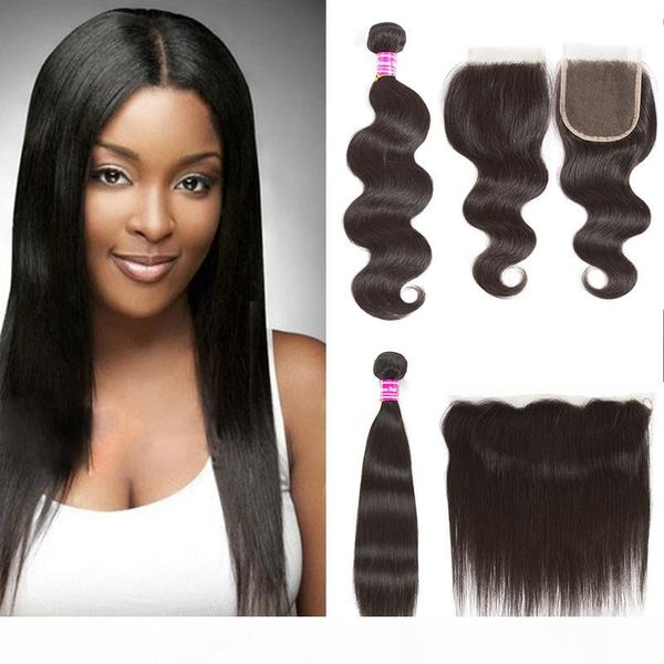 

8a brazilian virgin hair wefts straight human hair bundles with closure deep wave weaves bundles with frontal human hair extensions, Black
