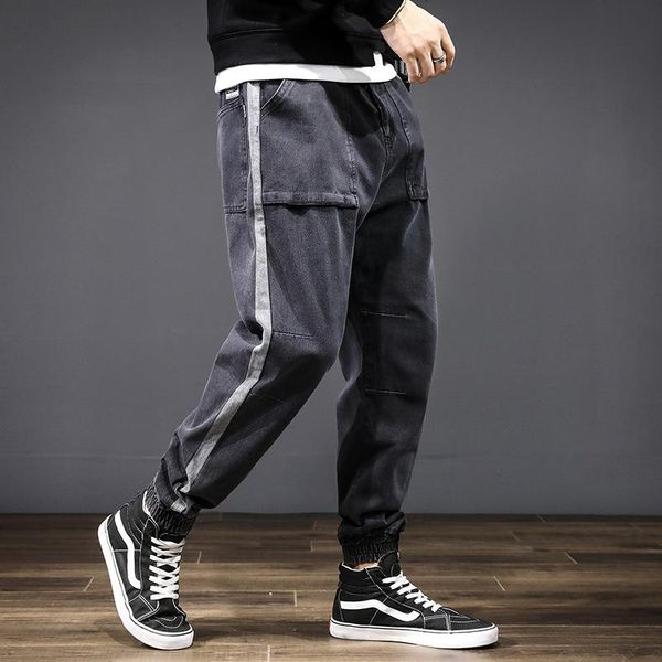 

японский винтажная мода мужчин джинсы сыпучие fit срощенной дизайнер джинсовой cargo pants black gray streetwear hip hop wide leg брюки, Blue