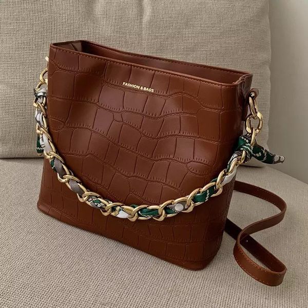 

scarf stone pattern bucket bag women 2020 trend shoulder bag pu leather women's small handbags ladies chains crossbody purse