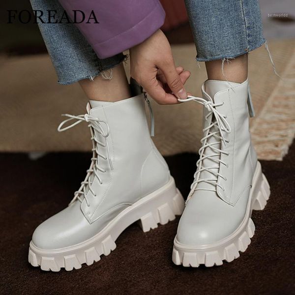 

boots foreada real leather ankle woman high heel motorcycle lace up short zip platform chunky ladies shoes 401, Black