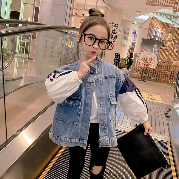 

jackets teenage girls patchwork long sleeve denim coats for kids spring 2021 casual jeans clothing children outerwear 8 10y1, Blue;gray