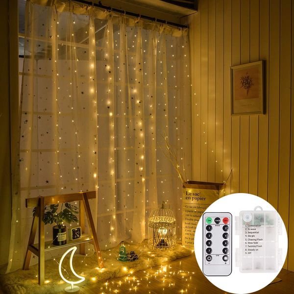 Batteria alimentata 3x3m 300 LED Tenda Tenda Icicolo Fairy String Lights Rame Wire Christmas LED Wedding Party Fairy luci Ghirlanda Y200603