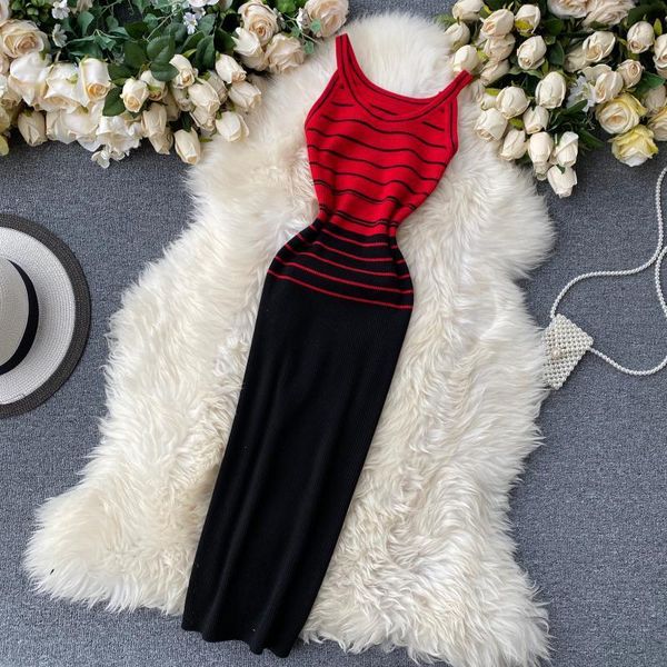 

2020 new arrival slim knitted women dress vintage hit color patchwork striped dresses spaghetti strap o neck vestidos1, Black;gray