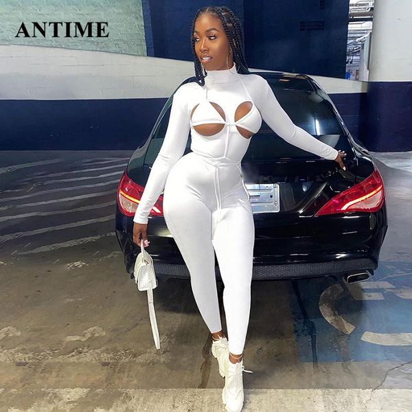 

antime women cut-out jumpsuits with bra streetwear long sleeve club bodycon outfits solid autumn turtleneck jumpsuit, Black;white