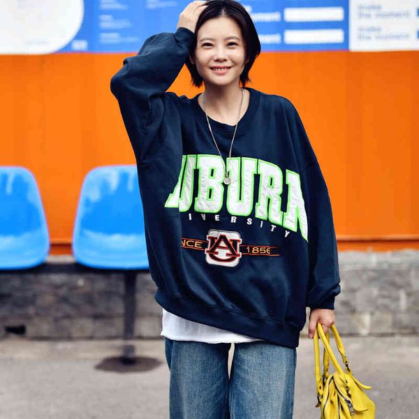 

micoco r8095c korean fashion neutral letter pasted cloth embroidered loose round neck terry cotton sweatshirt, Black