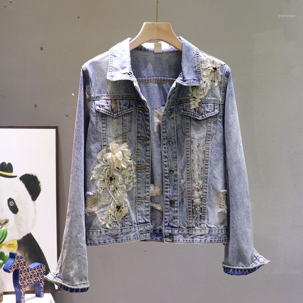 

2020 spring and autumn new denim jacket female beaded three-dimensional flower slim hole jeans jackets women's casual coats 1, Black;brown