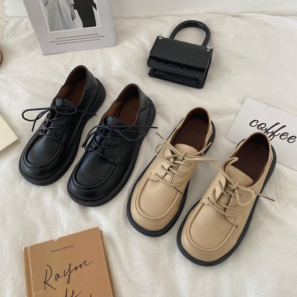 

retro woman shoes oxfords autumn female footwear british style round toe clogs platform shallow mouth summer leather fall dress, Black;white