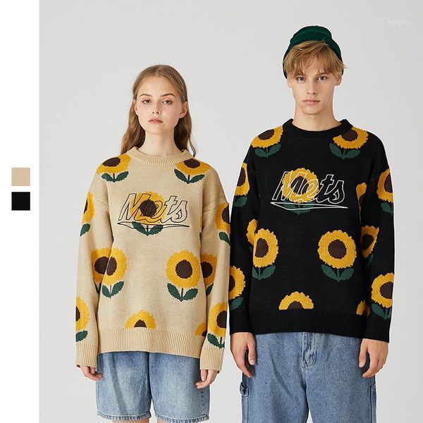 

couple sweater round neck loose sunflower flower hong kong style sweater men women autumn and winter 2020 street latest trend1, White;black