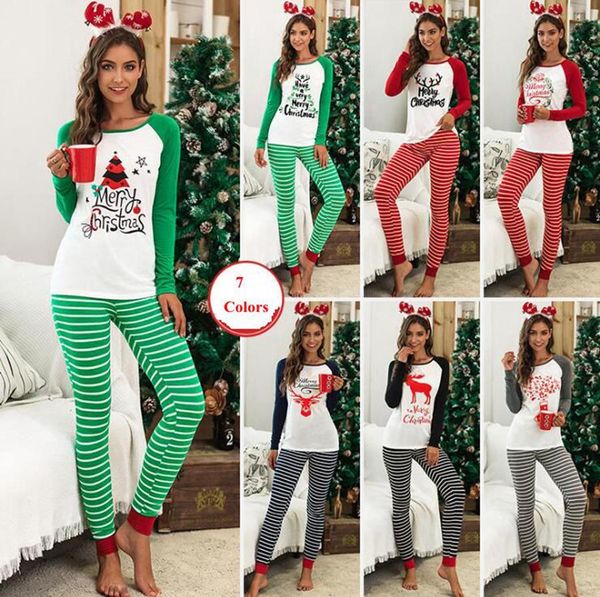 

women christmas pajamas 2 piece set fashion striped xmas printed cartoon sleepwear ladies warm long sleeve pants home clothing, White