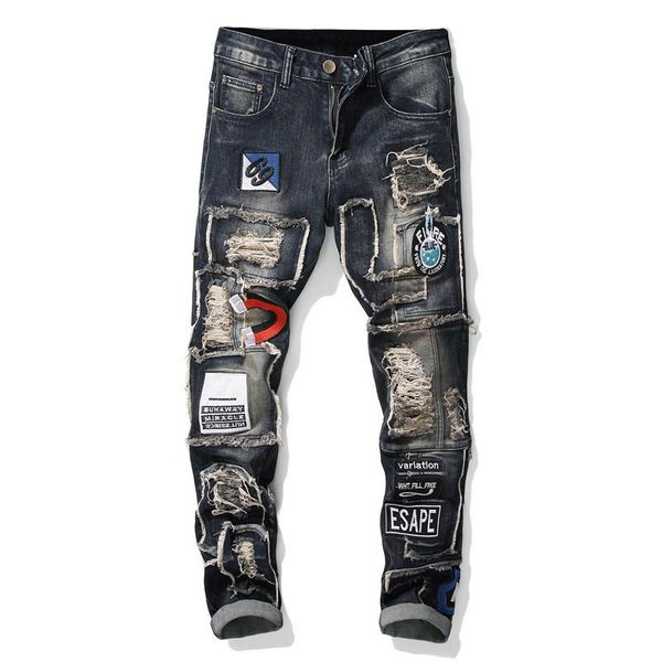 

men's jeans moruancle fashion ripped patched pants hi street distressed denim trousers with patchwork holes straight size 29-38, Blue