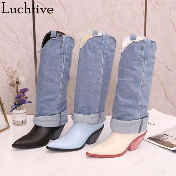 

retro denim cloth ankle boots pointed toe shoes woman wedges short boots women black femme
