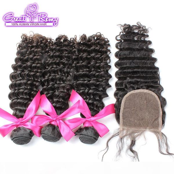 

greatremy peruvian virgin human hair extensions deep wave 1pc lace closure (4x4) with 3pcs hair bundles natural color dyeable, Black